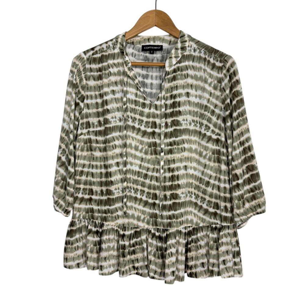 Contempo Women’s Size Large Green Tie Dye Print Flounce Hem 3/4 Sleeve Top